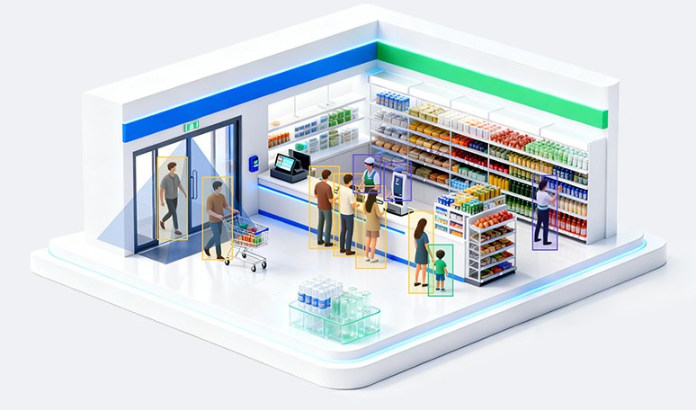 Maqueta de una tienda con conteo de clientes