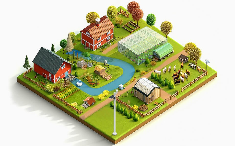 Finca con invernadero, cultivos, reservorio, cuarto de bombas y estación meteorológica
