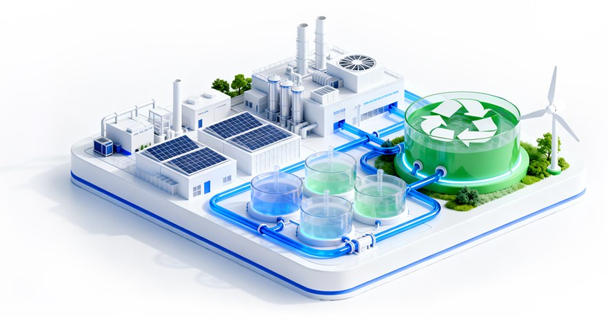Maqueta de una planta industrial con tanques y paneles solares