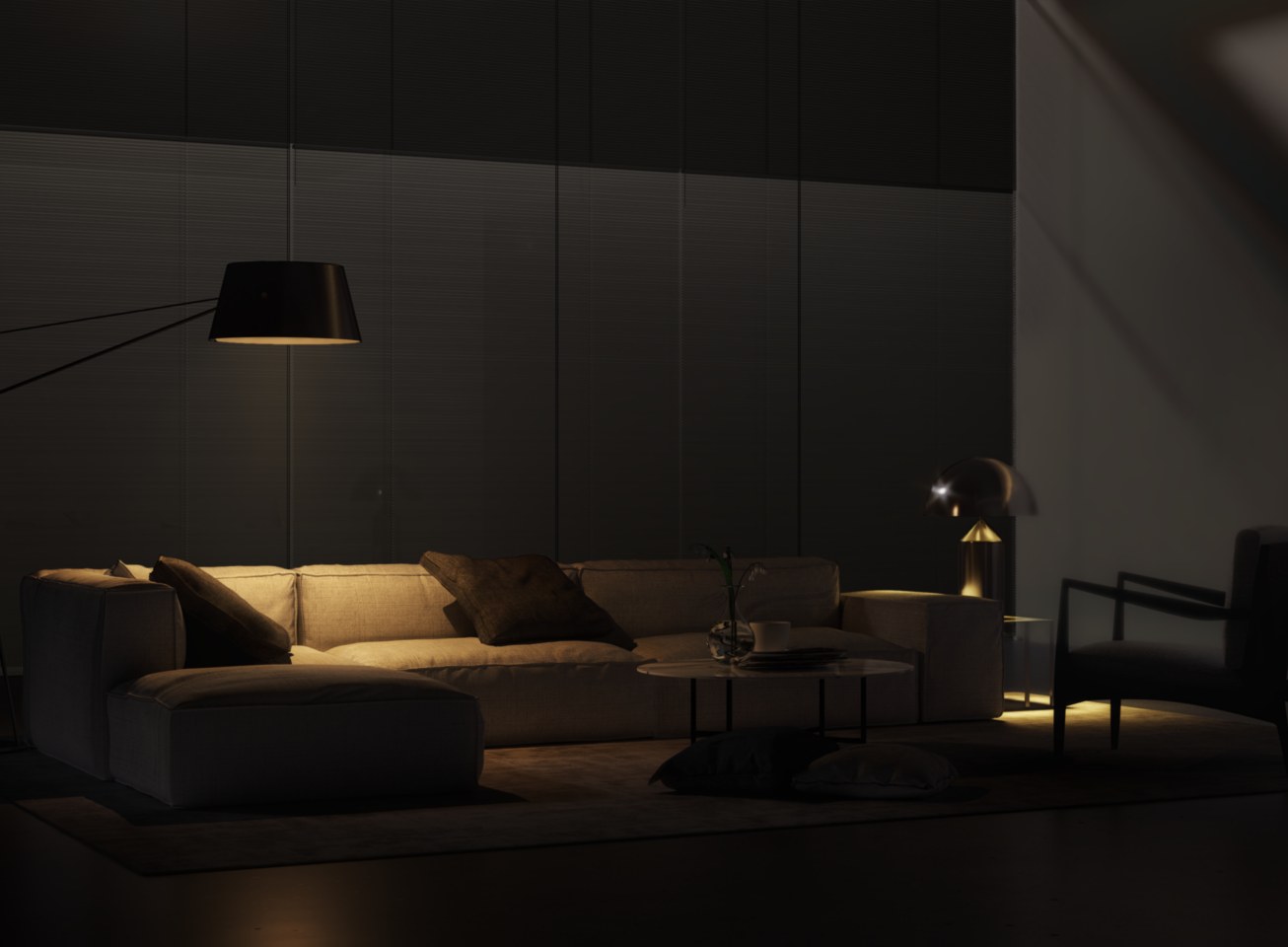 Sala residencial con iluminación cálida