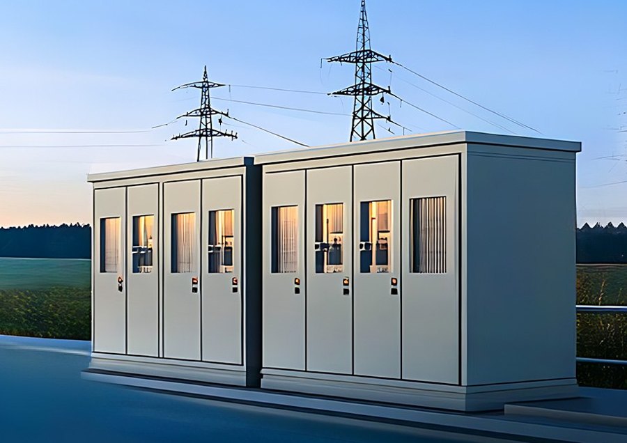 Gabinetes eléctricos junto a torres de transmisión