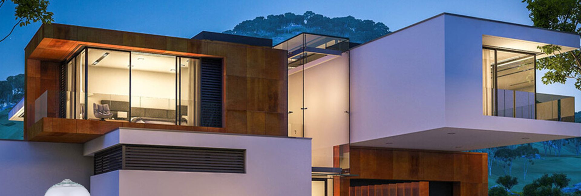 Casa moderna al anochecer con las luces encendidas